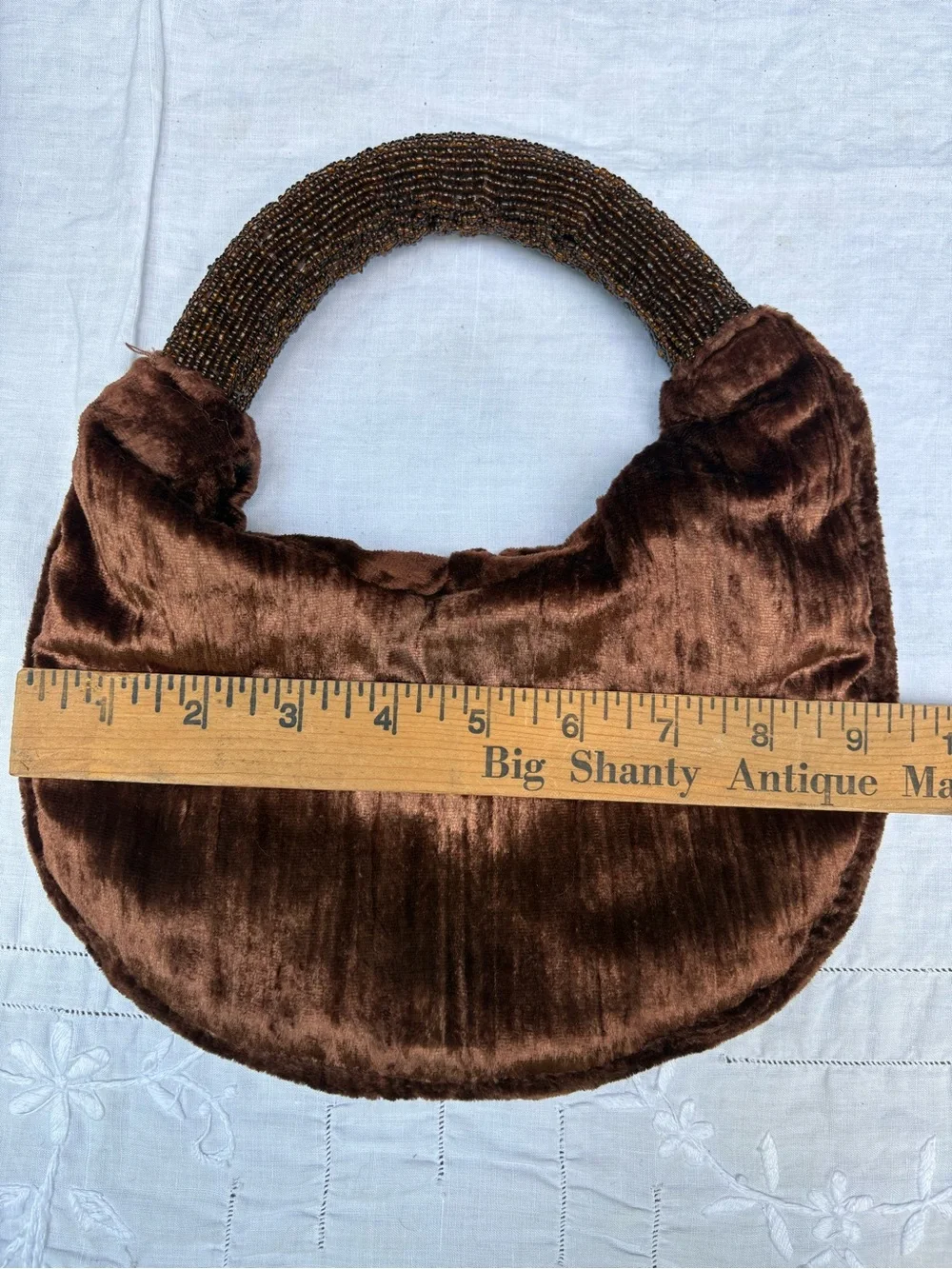 Vintage Crushed Brown Velvet Clutch with Beaded Handle